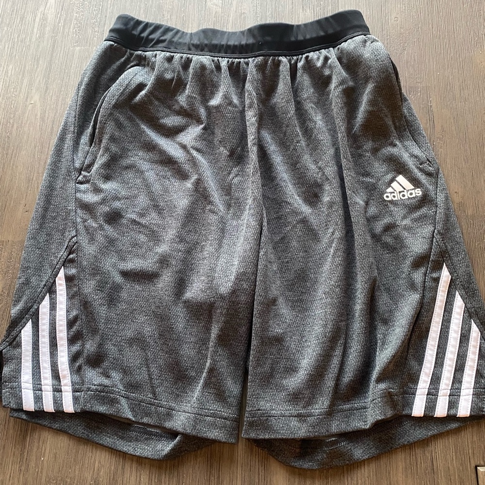 Adidas mens workout shorts. Grey with white stripes. Size M